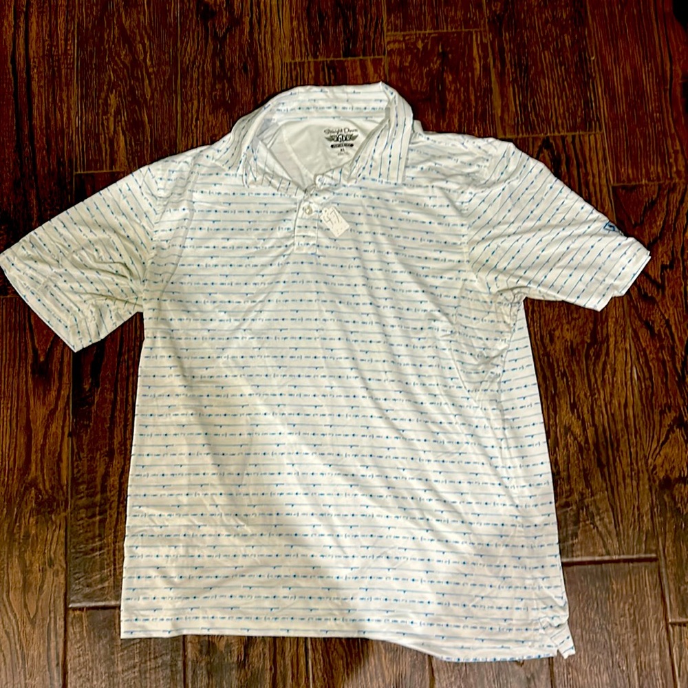 White with fishing hook pattern Straight Down size extra large golf polo